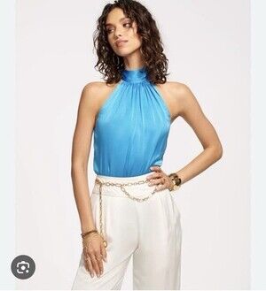 Ramy Brook Silk Halter Tie Front Top Blue. Size Small.